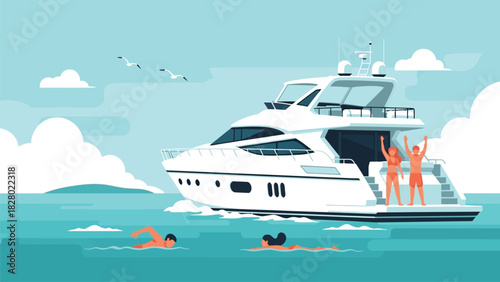 Luxury Yacht Vacation Illustration with Couple Waving and People Swimming in the Sea