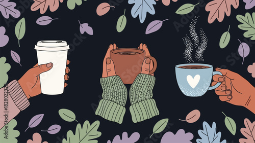Cozy Autumn Coffee Time Vector Illustration with Hands Holding Hot Mugs and Falling Leaves on Dark Background