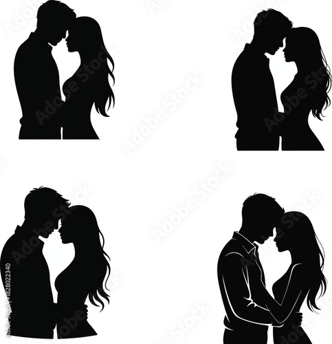 Silhouetted couples embracing in different poses symbolizing love and connection