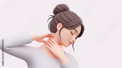 Cartoon woman with bun massaging her neck and shoulder, looking down in a white background studio shot