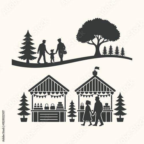 Vector art of silhouette illustration of a family enjoying an outdoor market scene with stalls and trees, representing community and leisure activities