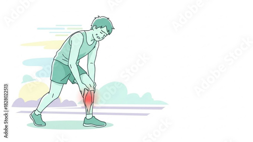 Man holding his injured leg with red pain spot and background with clouds and sky in illustration