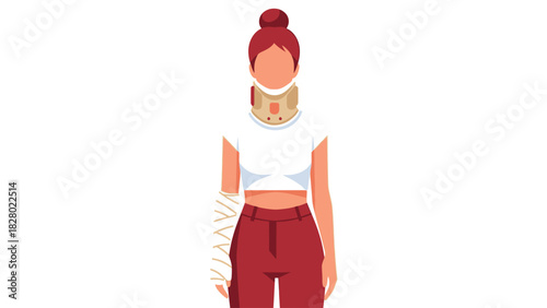 Vector illustration of a woman wearing a neck brace and bandaged arm, depicting injury and recovery