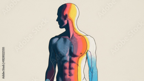 Illustration of a male figure with a gradient of colors and defined musculature visible on the torso