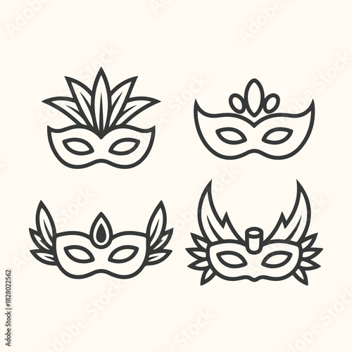 Vector art of set of four decorative venetian masks, each with unique embellishments, presented as simple line art icons on a plain background