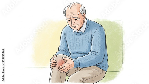 Illustration of an elderly man holding his knee in pain with a red area indicating discomfort and inflammation