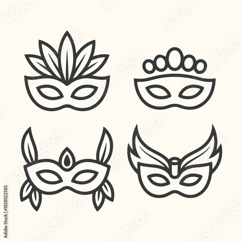 Vector art of four decorative venetian masks with feathers and jewels, isolated on a light background