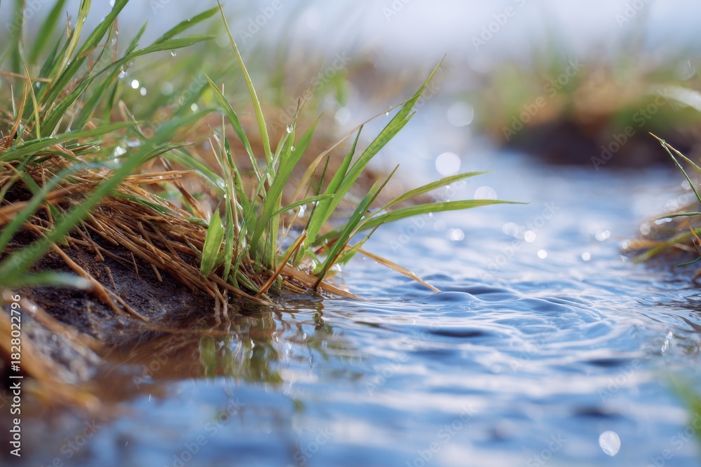 Naklejka premium Close up of water pooling over grass and soil in early morning light, showcasing the beauty of nature and the tranquility of a fresh start