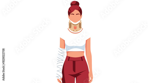 Woman with Neck Brace and Bandaged Arm Suffering Injury or Recovery, Vector Illustration