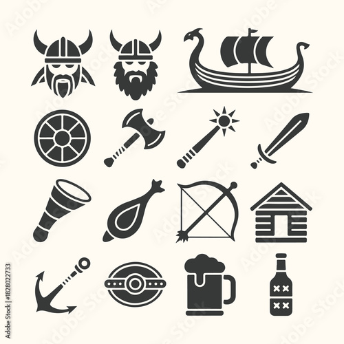 Vector art of collection of vikingthemed icons including helmets, ship, shield, axe, sword, spyglass, meat, bow, house, anchor, beer, and bottle, isolated on a light background