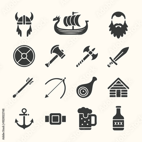Vector art of collection of vikingthemed icons including a helmet, ship, beard, shield, axe, sword, arrow, bow, house, anchor, beer mug, and bottle, isolated on a light background