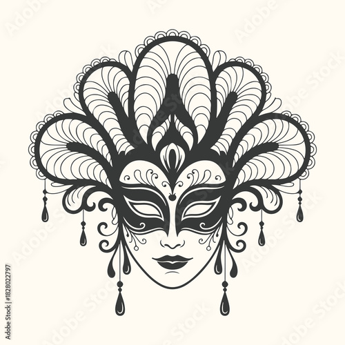 Vector art of elegant black venetian masquerade mask with intricate lace details and dangling beads, isolated on a cream background, representing mystery and celebration