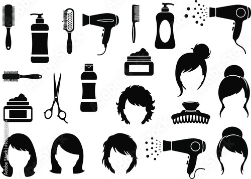 Collection of hair salon accessories and haircuts in black silhouette