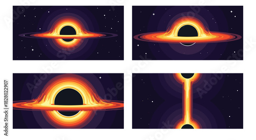 Pixel art illustrations depicting a black hole with a glowing accretion disk, including a depiction of two black holes merging.