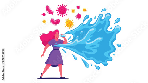 Woman Drinking Water Repelling Viruses and Bacteria. Hydration, Immune System Protection, and Health Defense Concept Vector Illustration.