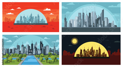 Set of illustrations showing a futuristic city skyline, some under a protective dome, at different times of day and night.