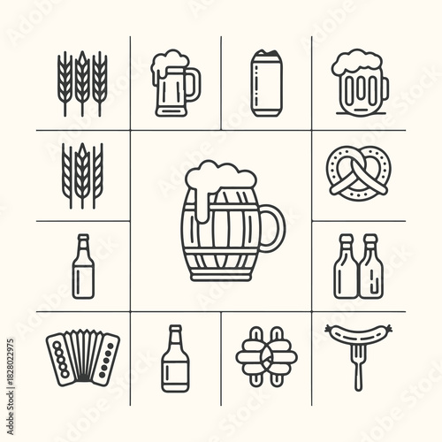 Vector art of collection of beer and oktoberfest icons, including wheat, beer mugs, cans, barrels, pretzels, bottles, accordions, and sausages