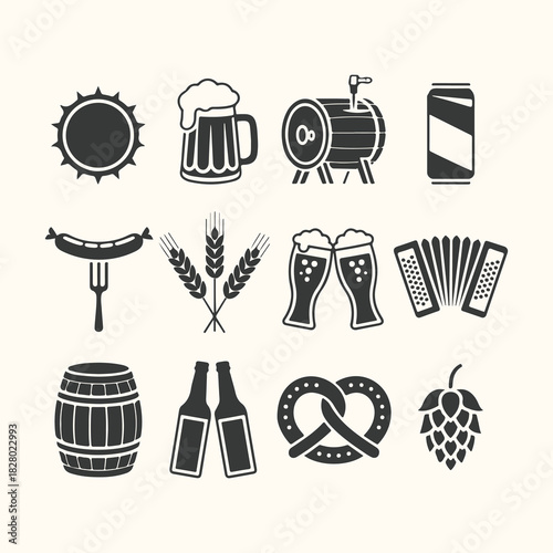 Vector art of collection of beer and germanthemed icons, including a beer mug, barrel, pretzel, sausage, and accordion