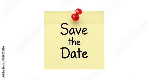 Принти на полотні Yellow sticky note with red push pin isolated PNG, save the date message for rem