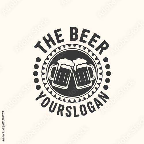 Vector art of vintage beer logo with two frothy beer mugs clinking in the center, surrounded by text and decorative elements, perfect for a pub or brewery branding