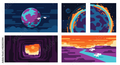 Collection of vibrant illustrations showing spaceships approaching and flying over the surface of a colorful and stylized alien planet.