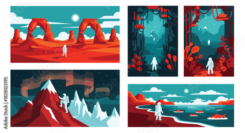 Set of illustrations showing an astronaut exploring vastly different and beautiful alien worlds, from deserts to alien jungles.