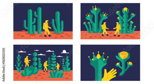 A four-scene narrative showing an astronaut discovering and interacting with giant, flowering cacti on a strange alien planet.
