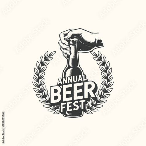 Vector art of vintage illustration of a hand opening a beer bottle with the text annual beer fest surrounded by a laurel wreath, perfect for event promotion