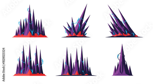 A set of illustrations showing tiny figures of people climbing massive, sharp crystalline structures, symbolizing a great challenge.