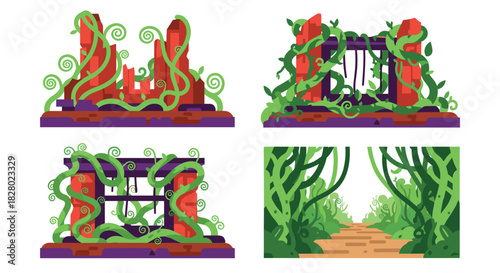 A set of four illustrations depicting ancient stone ruins, like gates and walls, being reclaimed and overgrown by green vines.