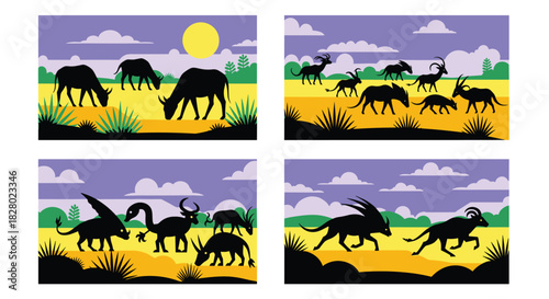 Collection of silhouette illustrations showing various real and fantastical creatures grazing in a colorful savanna-like landscape.