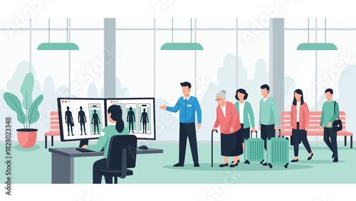 Vector illustration of people waiting in line for a security check at an airport or station, with an operator monitoring body scanner screens.