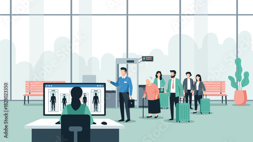 Airport Security Checkpoint Procedure Vector Illustration. Passengers, Staff, and Body Scanner Gate in Modern Terminal Interior.