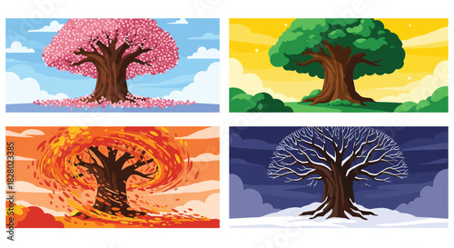 A beautiful pixel art collection showing a single majestic tree as it changes through the four seasons: spring, summer, fall, and winter.