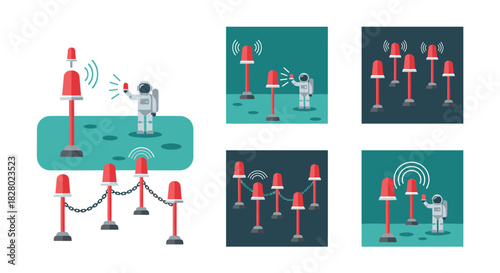 A collection of illustrations showing an astronaut setting up a perimeter of red, wireless warning beacons on an alien surface.