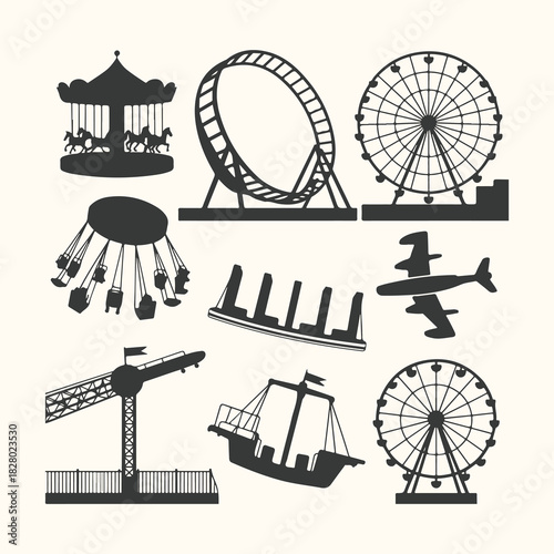 Vector art of collection of amusement park rides and attractions silhouettes, including carousel, ferris wheel, roller coaster, swing ride, and airplane