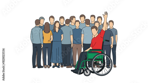 Inclusive Group Participation Vector. Man in a wheelchair raises his hand among diverse standing crowd, symbolizing accessibility, disability rights, and engagement.