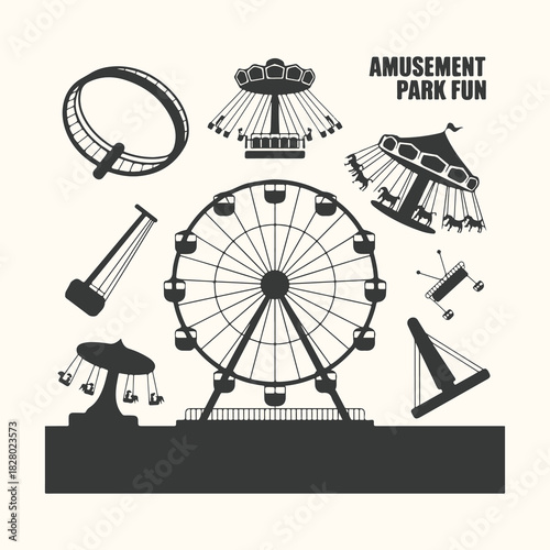 Vector art of collection of amusement park rides and attractions in silhouette, representing fun and entertainment at a fairground or carnival, isolated on a light cream background