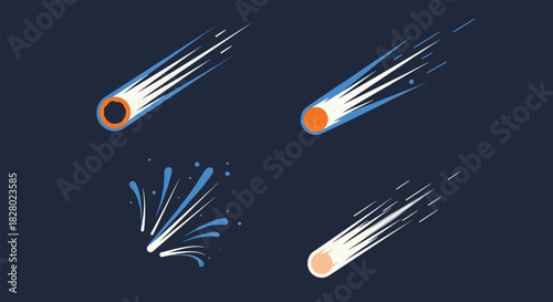 A set of four stylized vector icons showing a comet or meteor in flight, along with a small impact explosion effect.