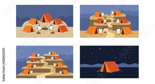 A set of illustrations depicting astronauts camping on an alien planet, gathered around campfires with their tents pitched for the night.