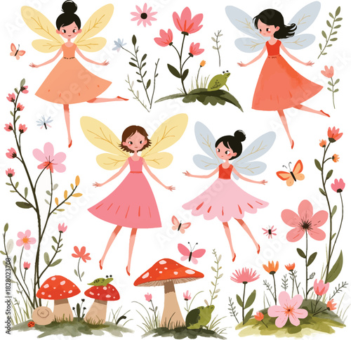 Cute Fairy Cartoon Collection with Flowers Mushrooms and Small Creatures