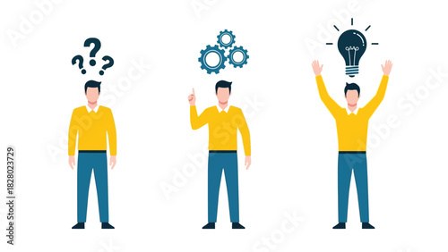 Idea Generation Process Vector Illustration: Question, Thinking, and Solution Stages