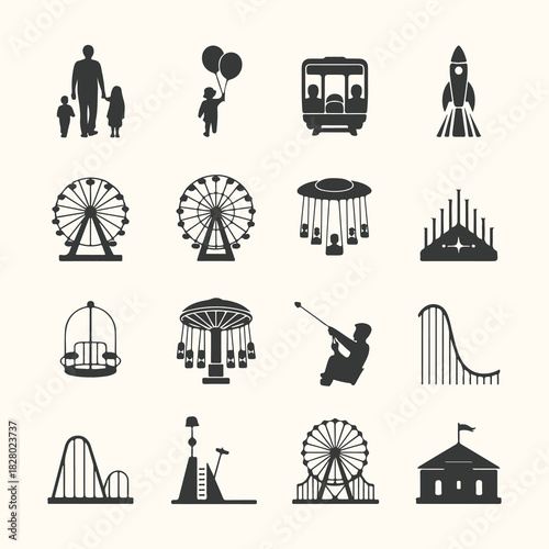Vector art of collection of amusement park icons and symbols, representing rides and attractions like ferris wheels, roller coasters, and carousels, isolated on a light background