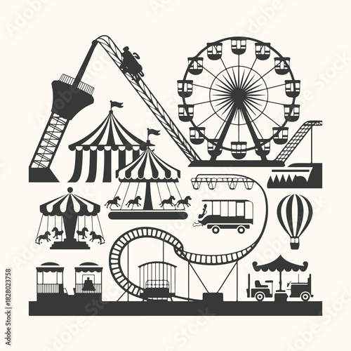 Vector art of vector illustration of a carnival amusement park with rides like a roller coaster, ferris wheel, carousel, and hot air balloon, isolated on a