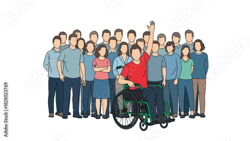 Man in Wheelchair Raising Hand in Diverse Crowd Representing Inclusion, Participation, and Equal Rights