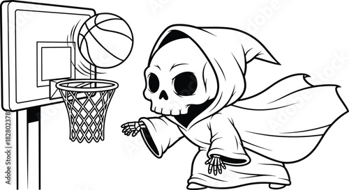 Cartoon skeleton in hooded cloak shooting basketball into hoop with dynamic motion and sporty pose, flat vector illustration