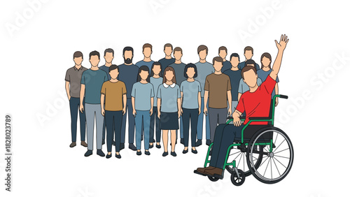 Vector illustration of diverse group and disabled man in wheelchair raising hand, concept of inclusion, accessibility, and community participation