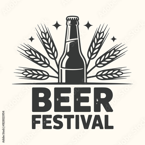 Vector art of beer festival emblem with bottle and wheat ears, retro style, black and white design