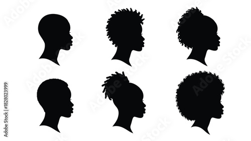African Woman Profile Silhouettes Set. Diverse Black Female Heads with Natural Hairstyles. Vector illustration of beauty and identity.