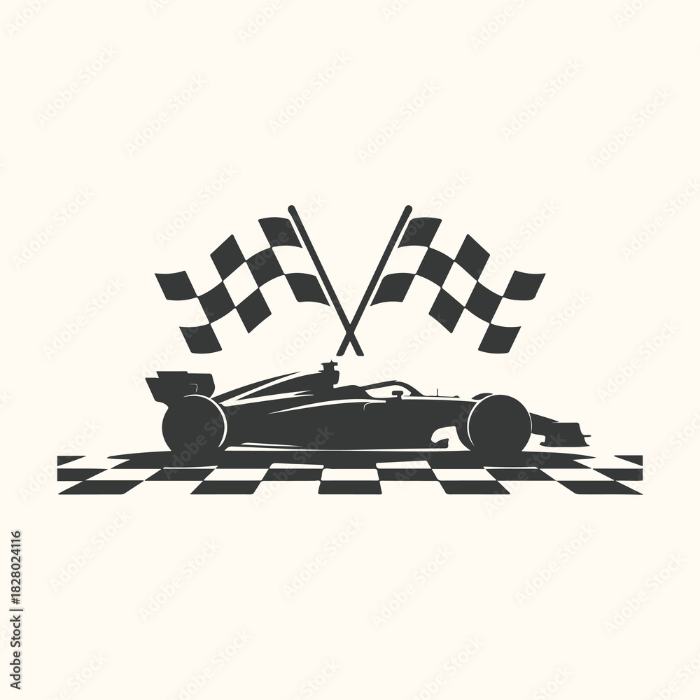 Naklejka premium Vector art of silhouette of a formula 1 race car with checkered flags and a checkered finish line, representing speed and victory in motorsport